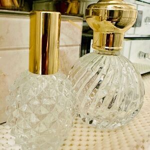 Vintage Pressed Glass Perfume Bottle Set Diamond Point & Spiral Swirl Gold Top